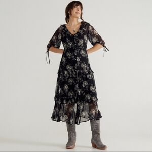 Tecovas Black Floral Chiffon Puff Sleeve Ruffle Tiered Elbow-Length Maxi Dress S